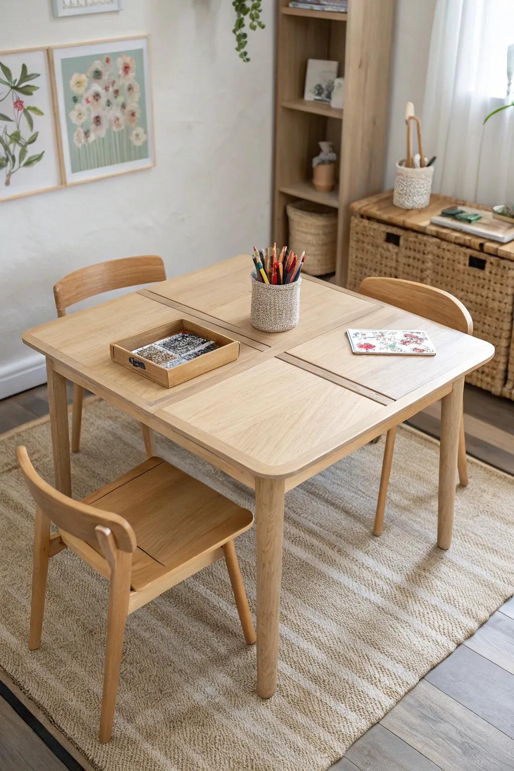 Four desk pod in light oak—rounded edges and a shared center for smoother group work.