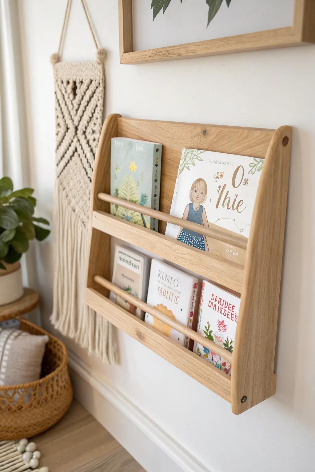 Forward-facing book display shelf in light oak—covers out, checkouts up, beautifully simple.