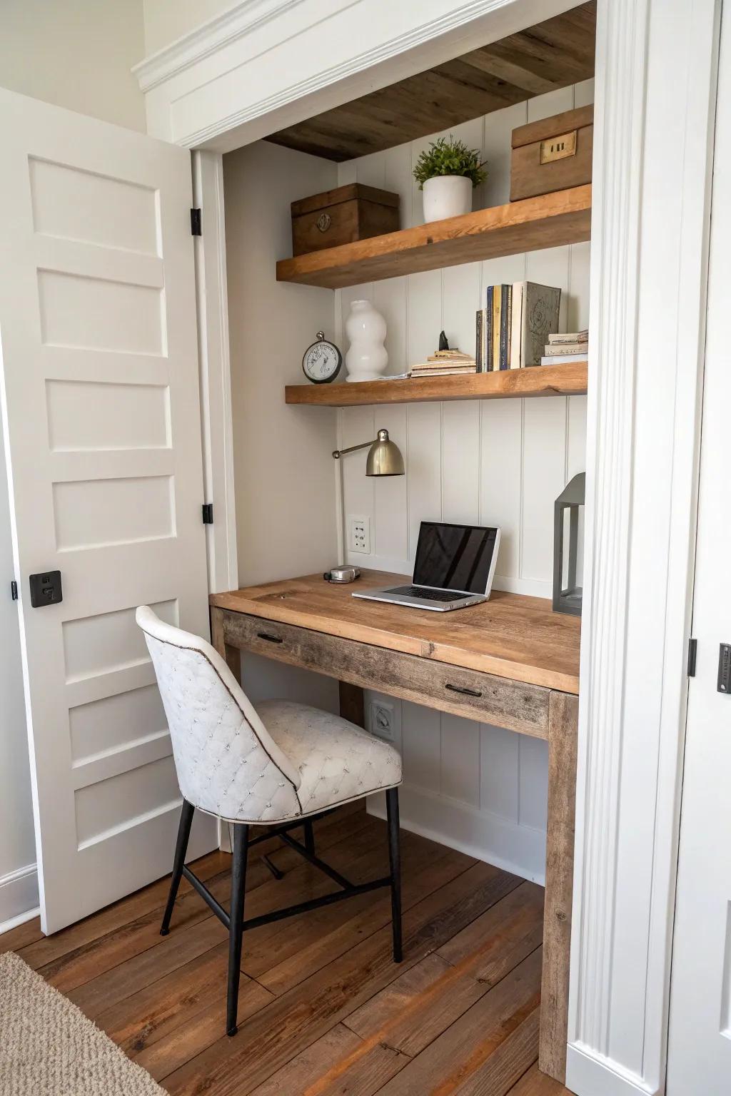 Reclaimed wood closet desk—knots, saw marks, and satin-smooth comfort in a bright niche.