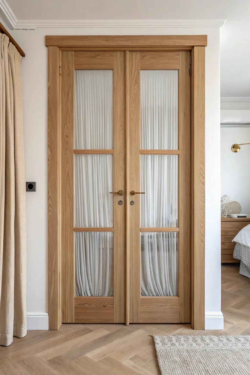Double-swing French closet doors in light oak—symmetry, warmth, and a finished look.
