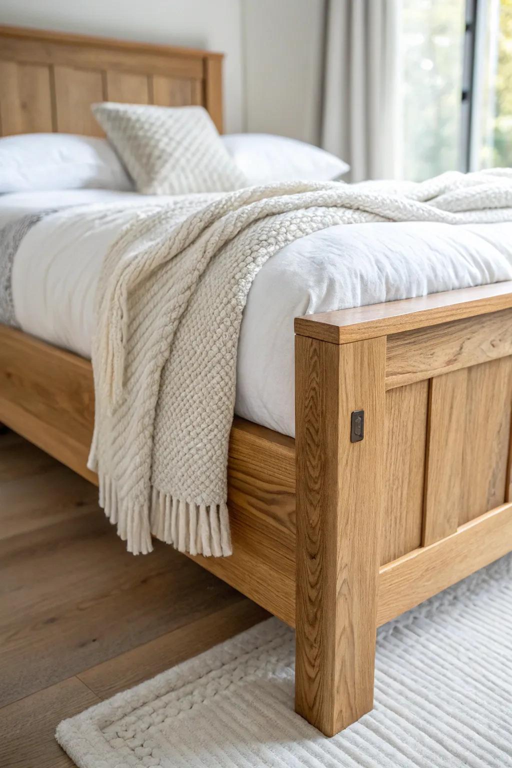 Crisp white layers meet a handcrafted oak bed frame—coastal farmhouse calm with texture.