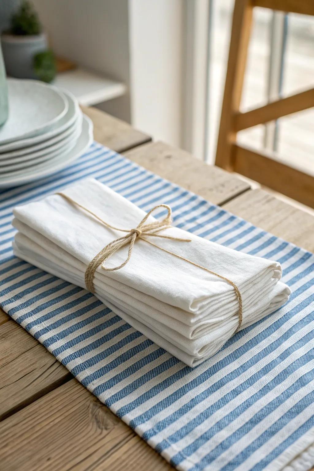 White linen on a blue stripe runner—simple coastal calm for a bright, airy table.