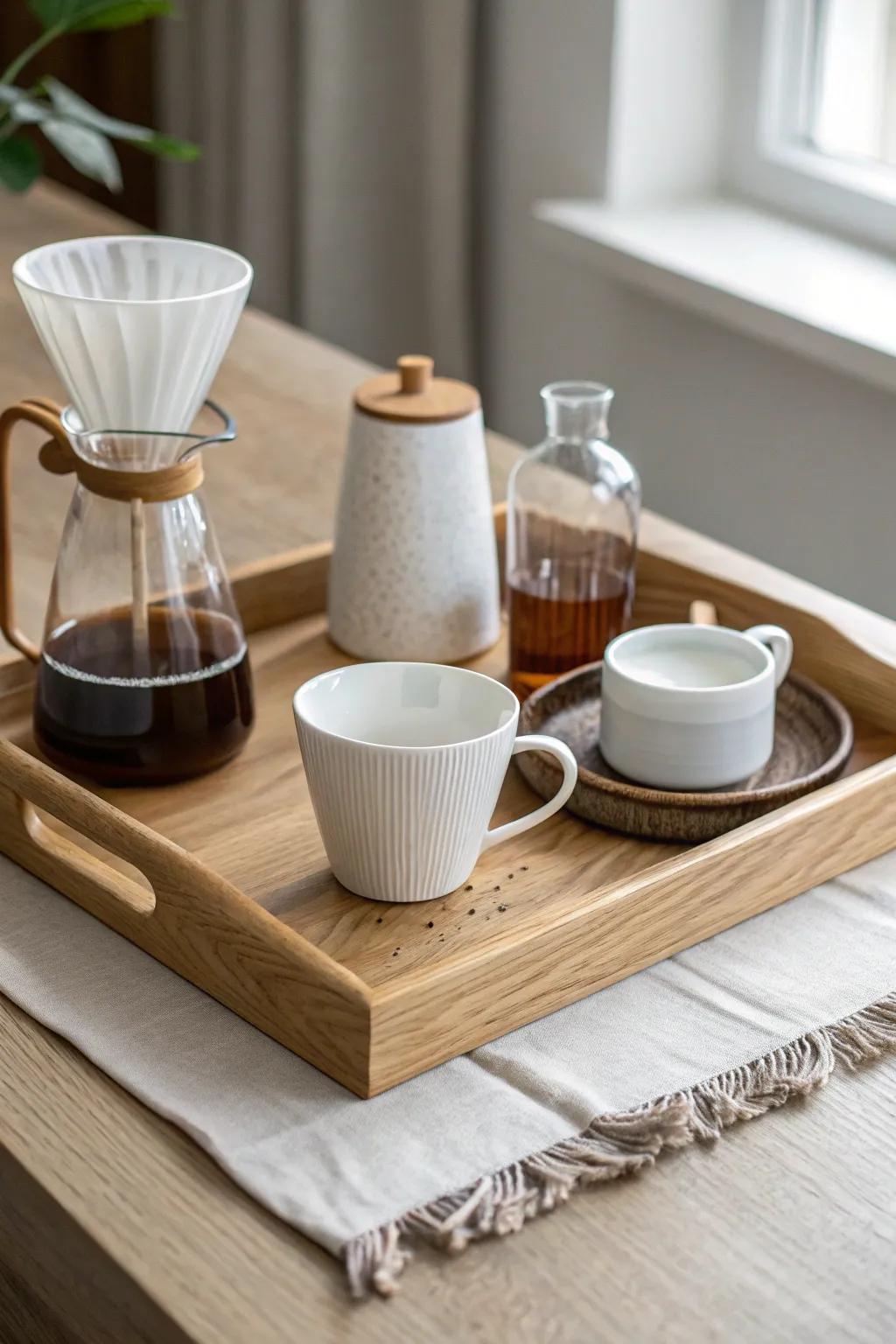 One tray, two rituals: coffee on the left, cocktails on the right, with a clear prep zone.
