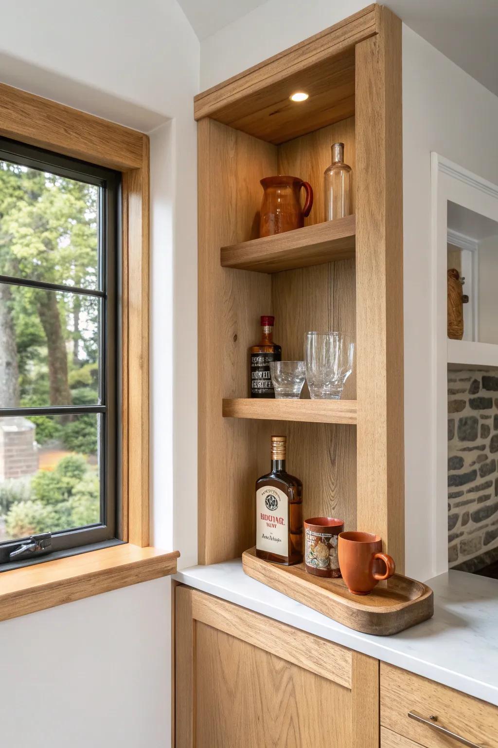 A built-in nook that frames a calm coffee + liquor bar with warm oak shelves and minimal styling.