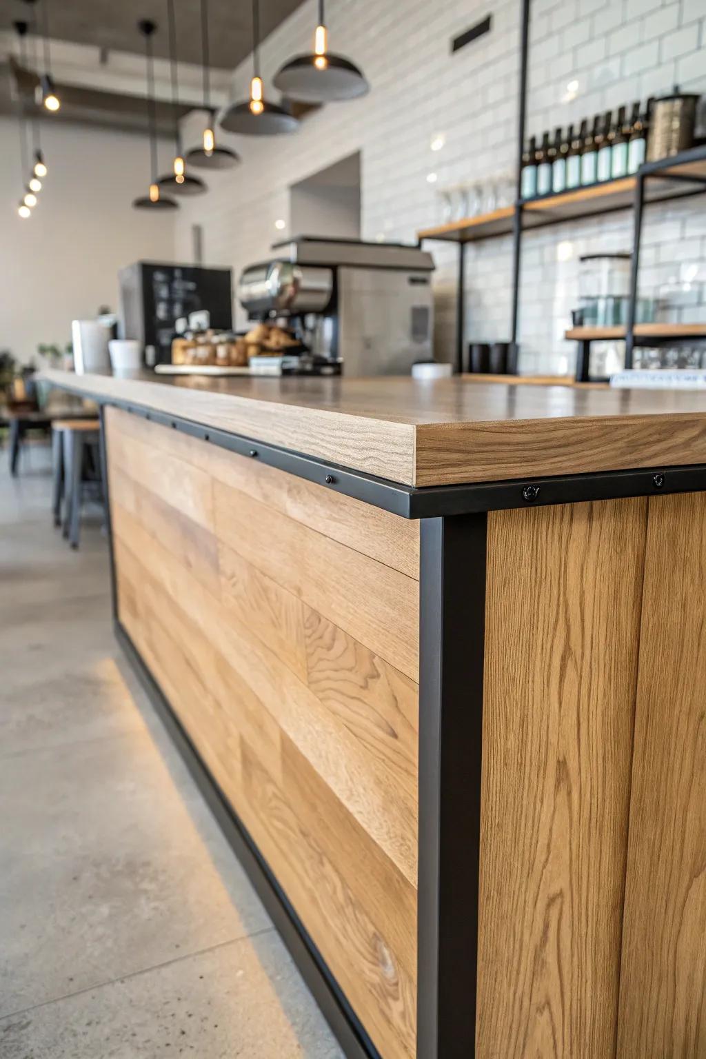 Warm oak bar corner with matte black steel trim—Scandi-minimal, boho-soft, and scuff-proof.
