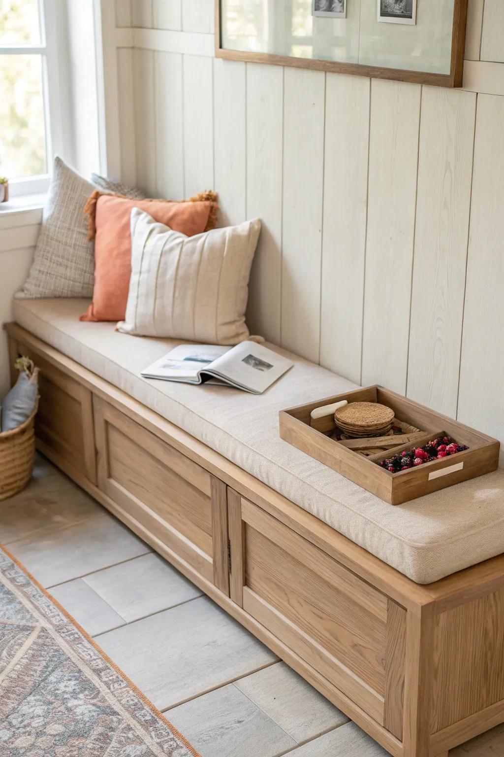 Built-in oak banquette with hidden storage—space-saving seating that still feels calm and airy.