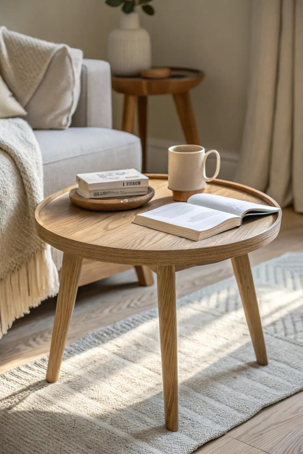 A round oak table anchors a cozy bedroom reading nook—tray, book stack, and a warm mug.
