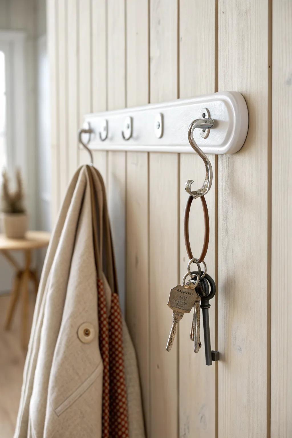 Transform your entryway with this simple yet chic key organizer using command hooks. Keep it stylish and organized!