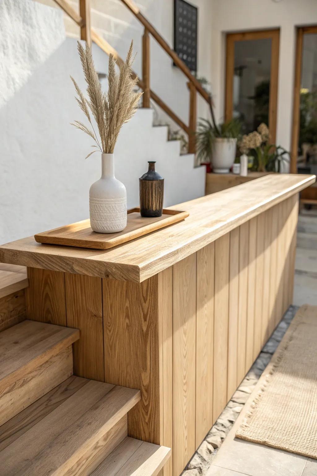 Two-tier oak bar top with a refined guest rail—clean lines, hidden clutter, upscale feel.