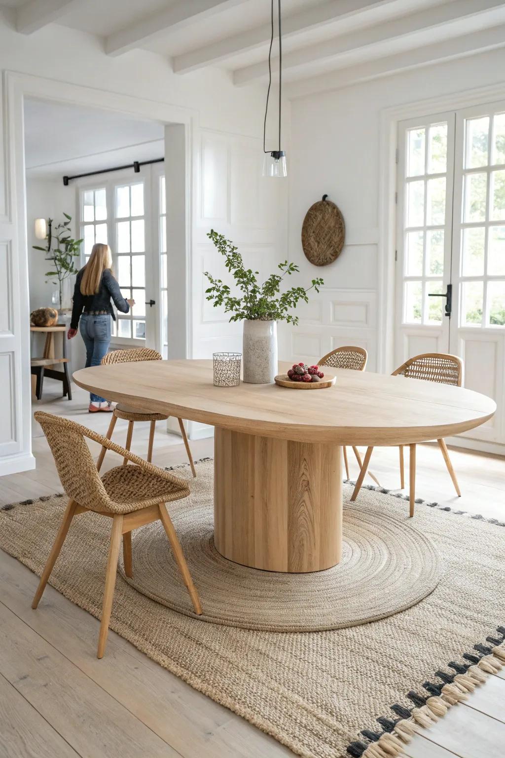 An oval oak conference table brings big-table capacity with a softer, easier flow.