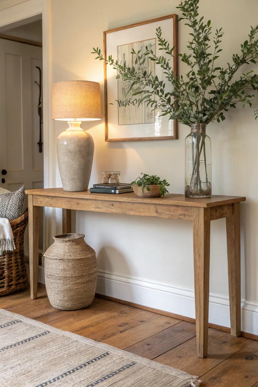 One lamp + tall leafy branches: an effortless, relaxed balance for a warm oak console table.