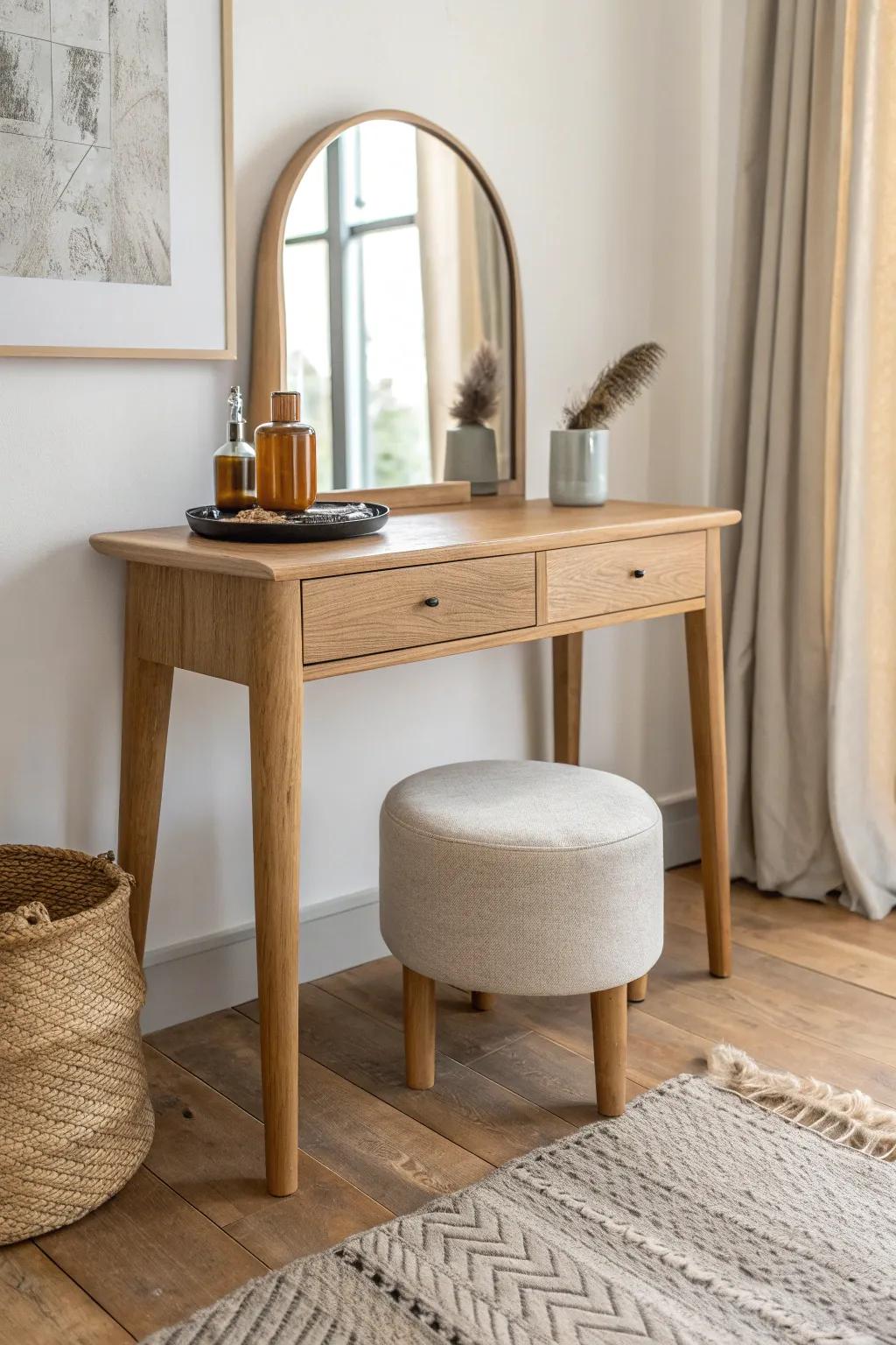 Slim console-vanity with a tucked-in stool—an airy, space-saving get-ready spot.