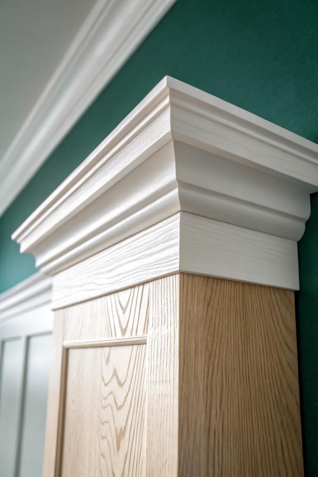 Crisp bright-white crown molding pops against moody green walls for instant contrast and polish.