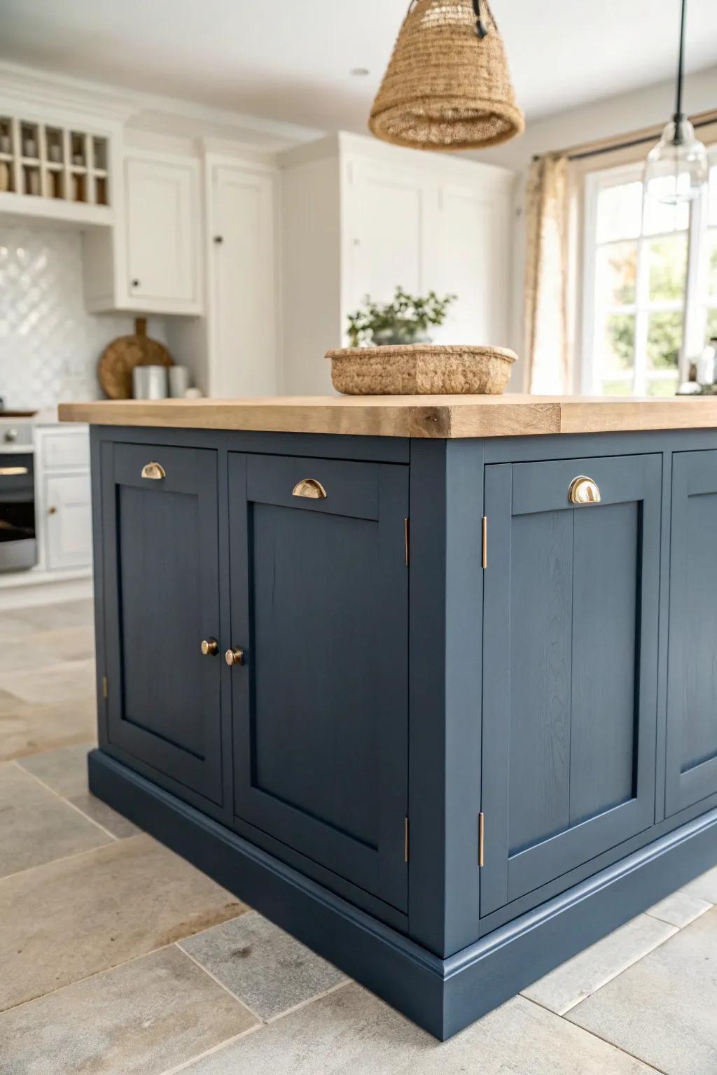 Matte navy island with a warm oak top—beautiful contrast for a bright, calming kitchen.