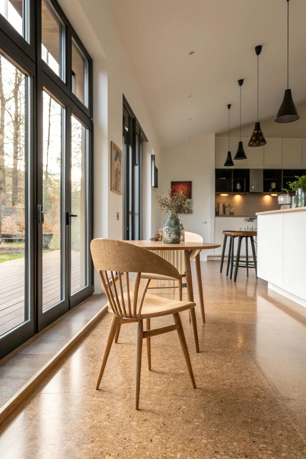 Seamless cork flooring glows beneath a single oak chair, uniting kitchen to living with calm flow.