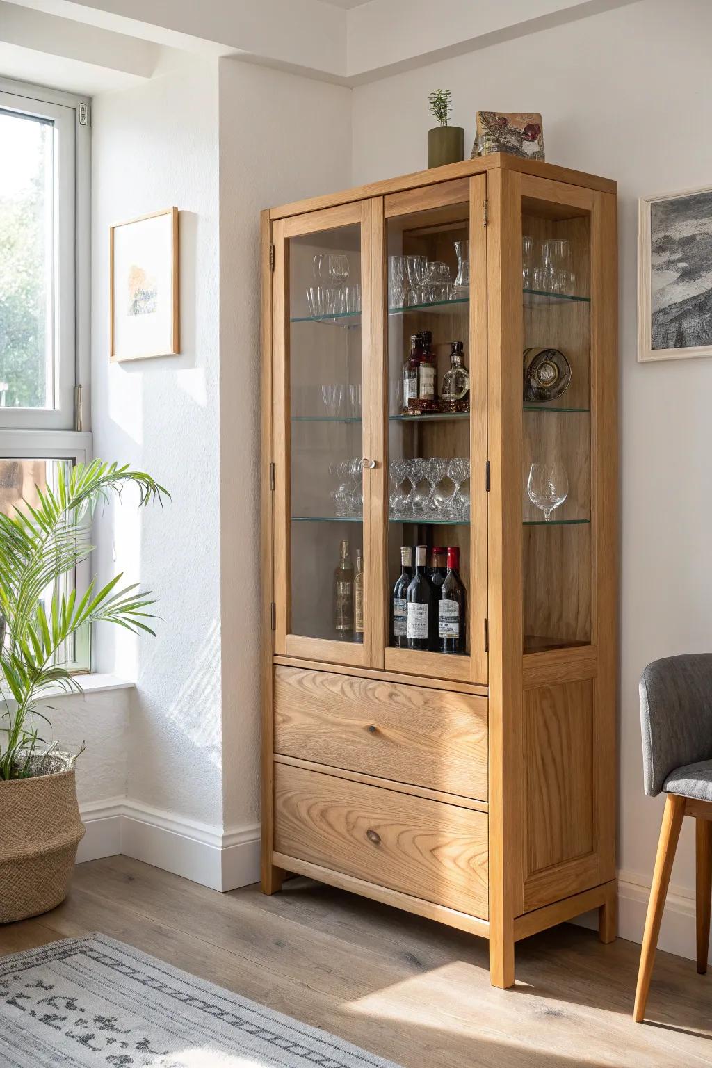 A glass-front corner bar cabinet that lets your bottles and stemware become the decor.