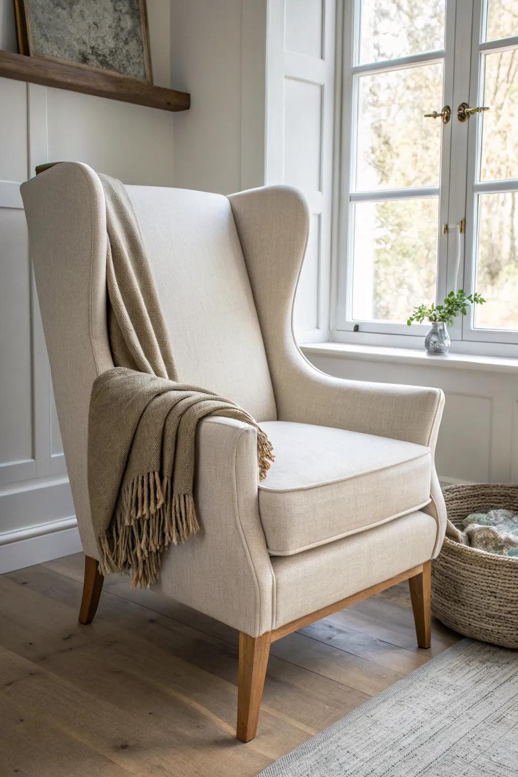 Neutral-weave wingback chair with a soft linen throw—Scandi calm with a hint of boho.