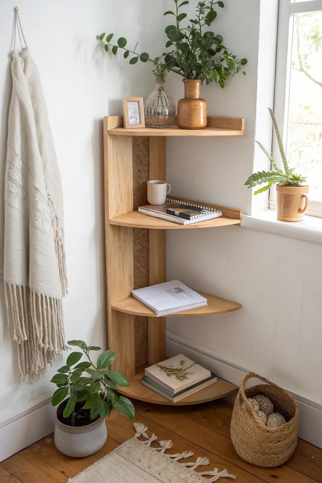 Triangular corner shelves above a compact desk—minimal, warm wood, and space-smart.