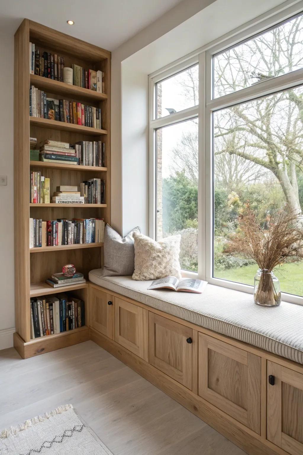 A window-lit corner library with a built-in oak bench—minimal, cozy, and made for reading.