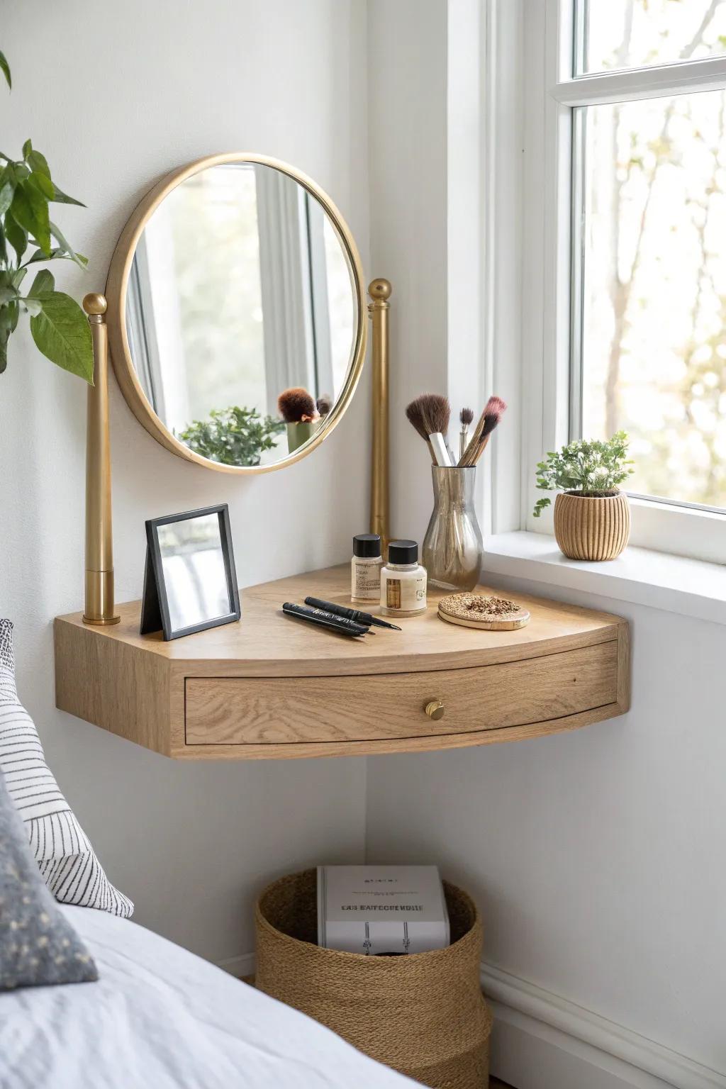 Floating corner vanity shelf in light oak—minimal, airy, and perfect for tiny bedrooms.