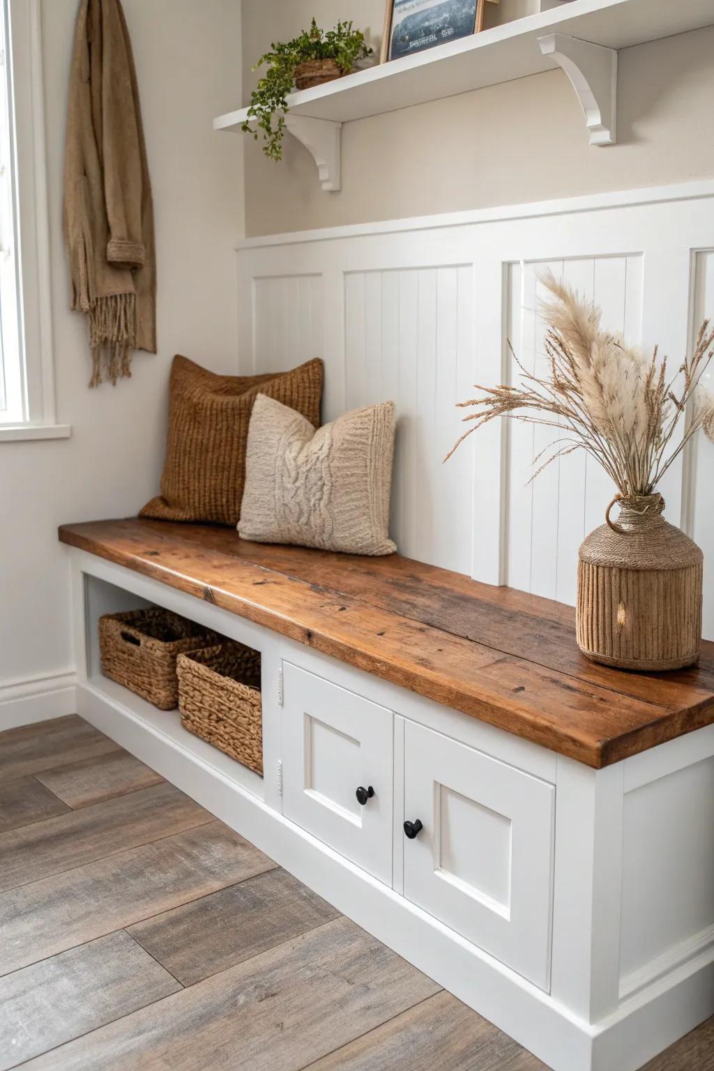A stained reclaimed wood bench top adds warmth and contrast to a clean corner mudroom.