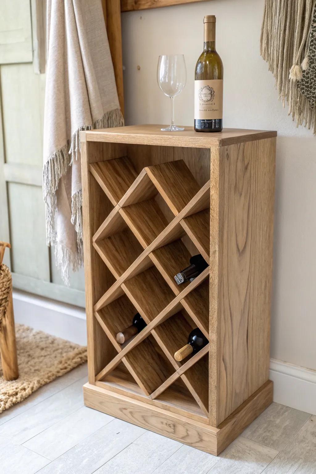 Timeless X-lattice corner cubby—minimal, boho-warm, and perfect for showcasing wood craftsmanship.