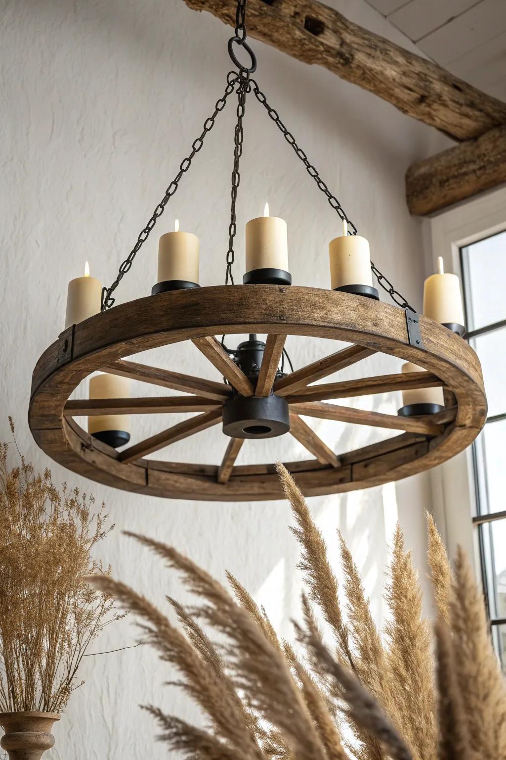 Reclaimed wood + matte iron wagon wheel chandelier for a cozy cottage “gather here” glow.