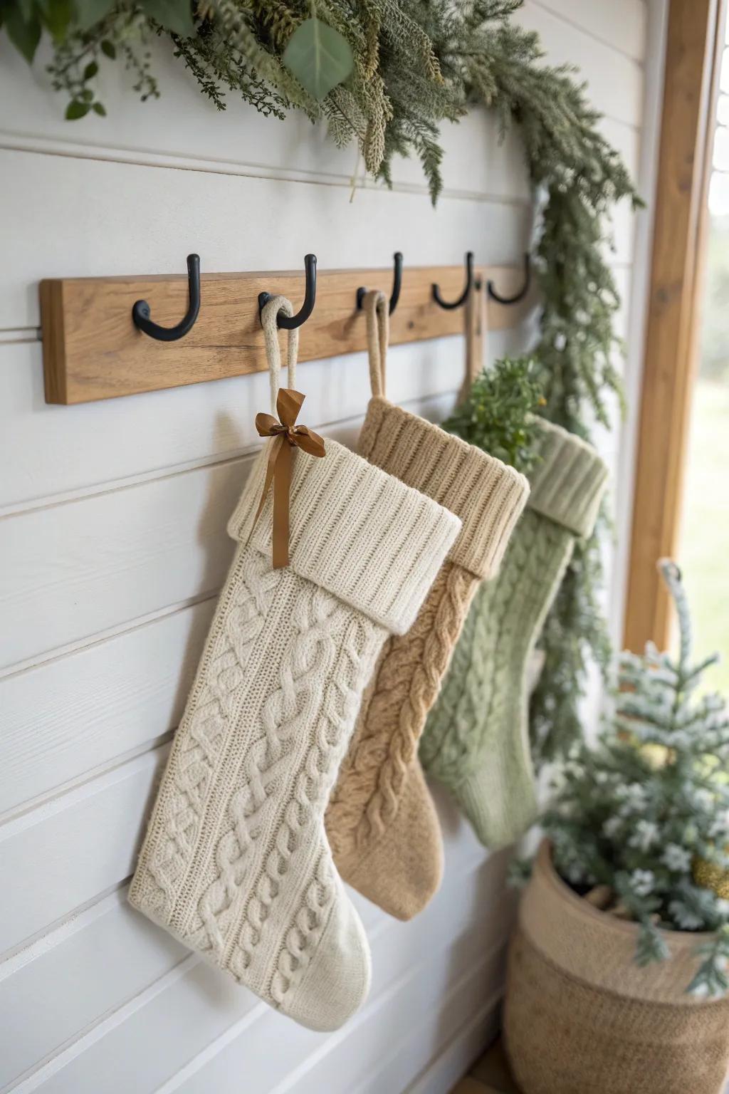 Handmade oak peg rail with layered knit-and-linen stockings for cozy cottage Christmas charm.