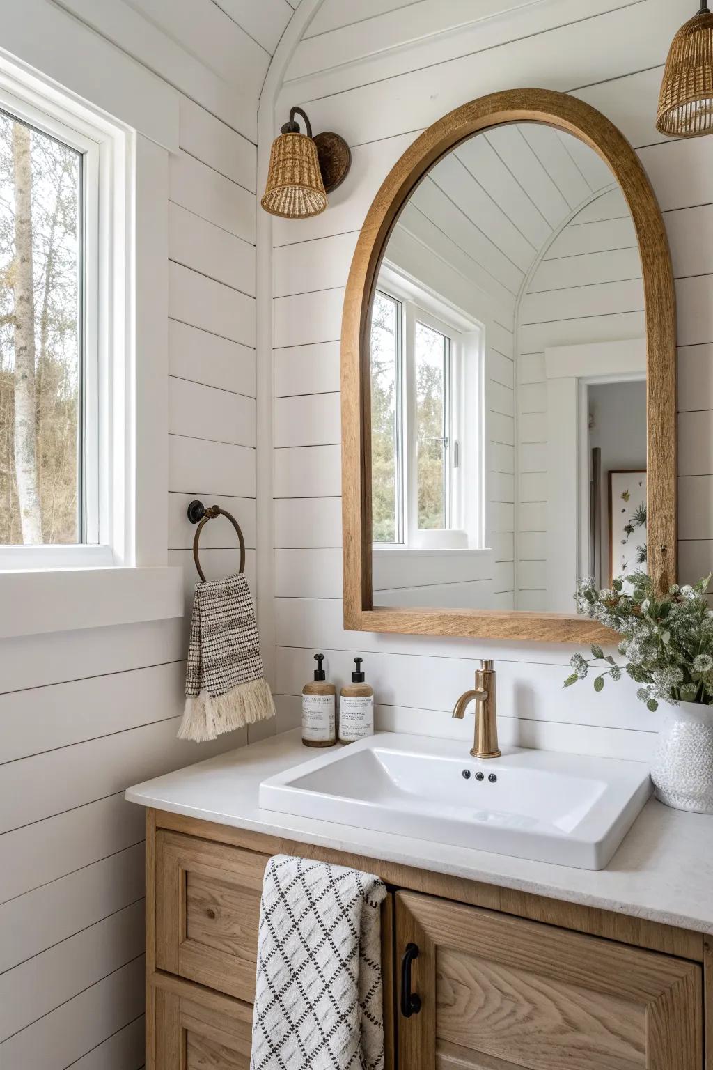 White shiplap + a warm oak mirror instantly gives your bathroom that cottage-core calm.