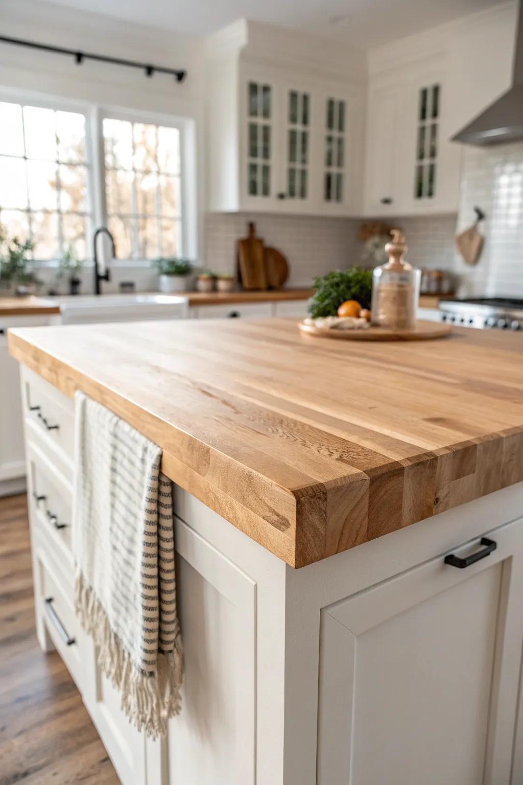 A freshly oiled butcher block island adds instant cottage farmhouse warmth and character.
