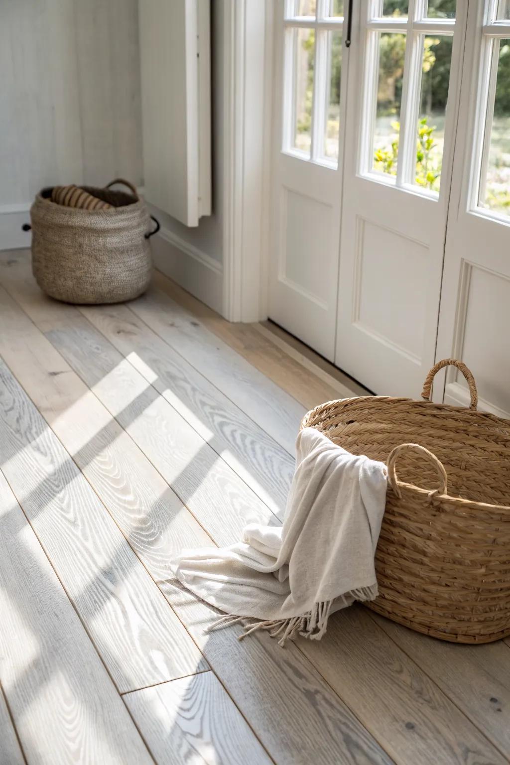 Whitewashed light-oak floors that keep the grain visible for an airy, cottagey glow.