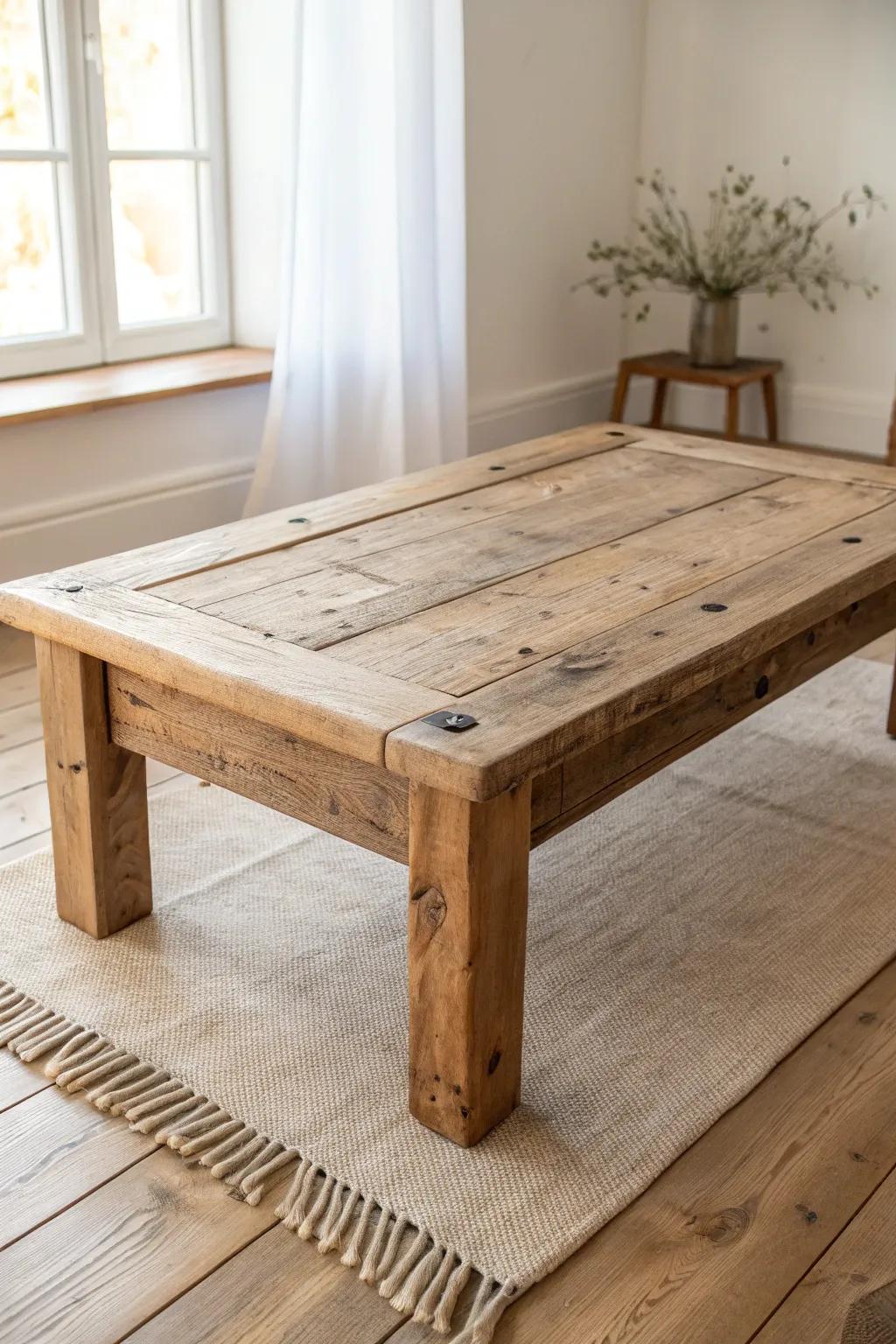 A reclaimed wood coffee table with dents and grain—cottage charm with clean Scandinavian calm.