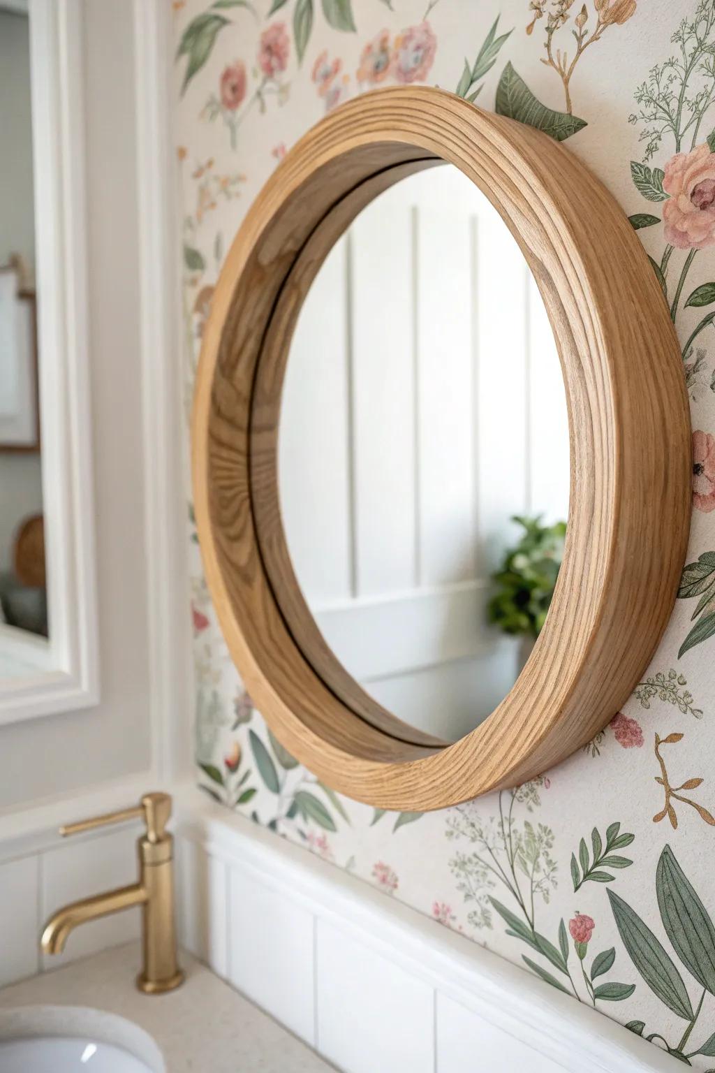 A handcrafted oak mirror pops against vintage floral wallpaper for instant cottagecore calm.