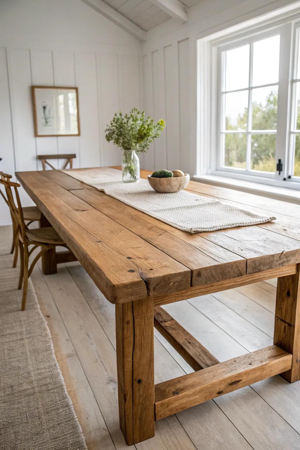 A sturdy reclaimed farmhouse table—warm grain, honest nicks, made for slow cottage breakfasts.