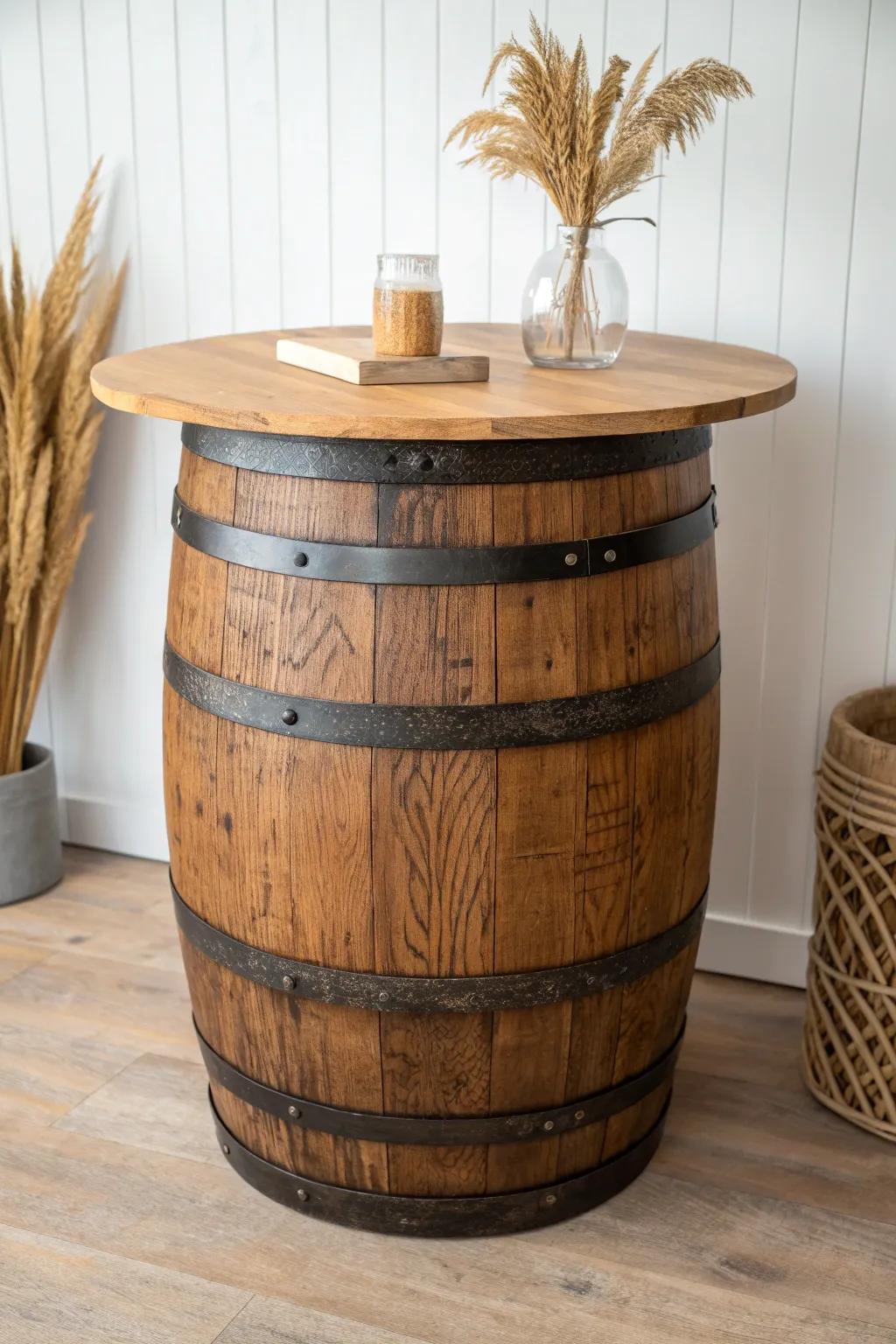 Whiskey barrel bar base with a flat oak top—rustic charm with clean Scandinavian lines.