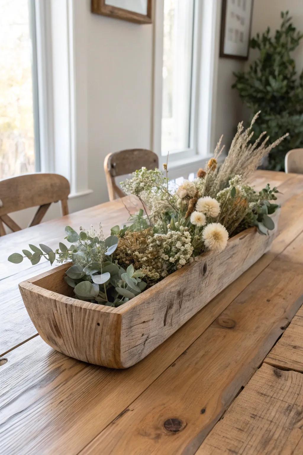 A chunky reclaimed-wood trough centerpiece that anchors your cottage table with simple beauty.