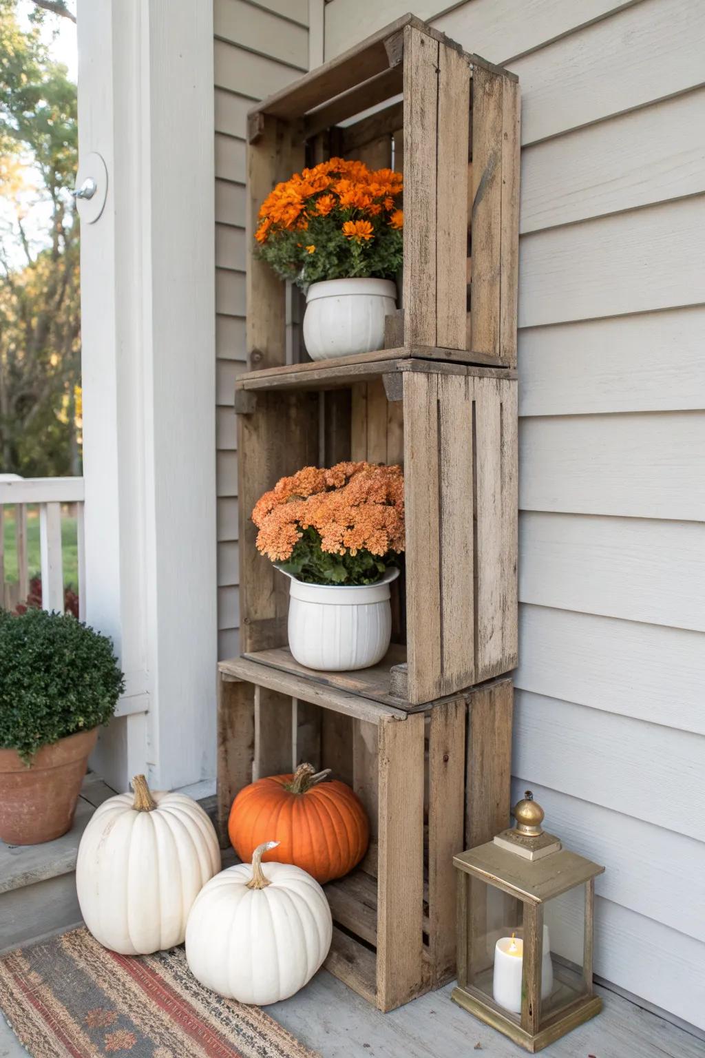 Distressed crate stack + mums and mini pumpkins for a cozy, minimalist farmhouse porch.