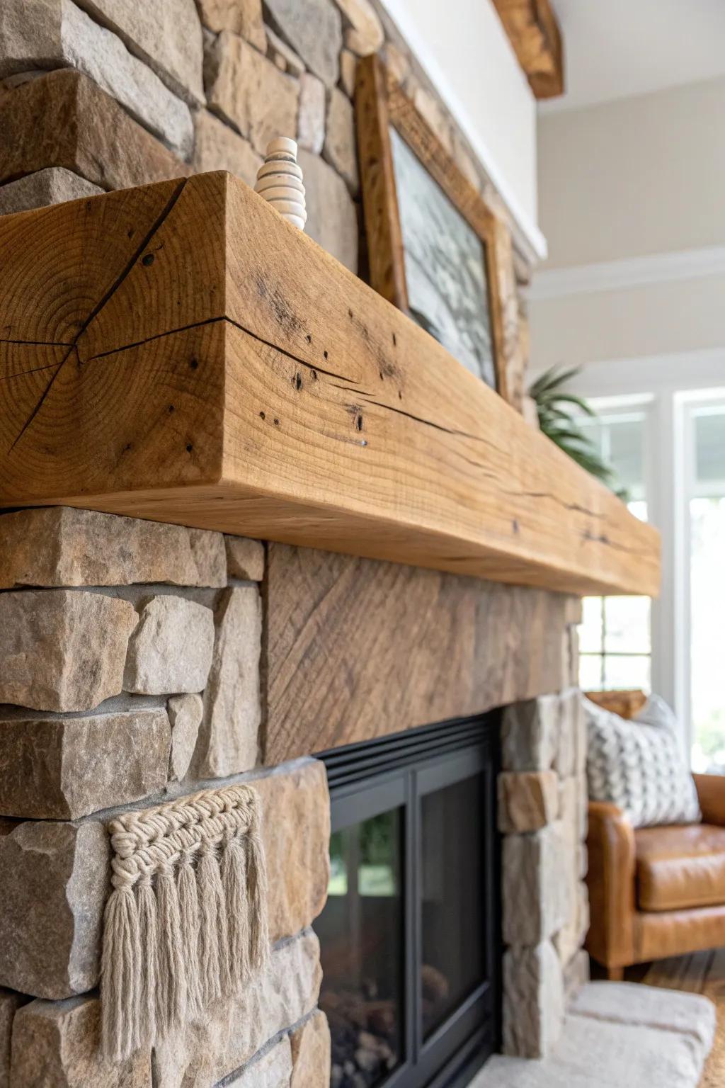 A chunky salvaged-timber mantel brings mountain-cabin warmth to a stone fireplace focal point.