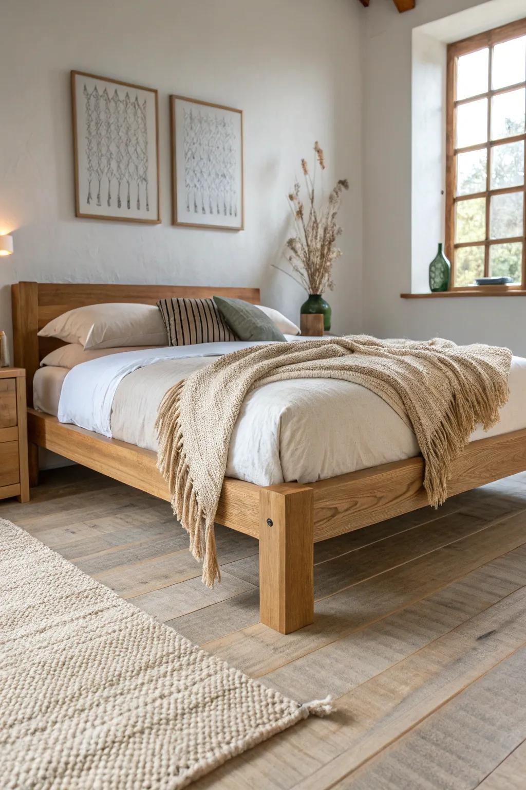 Low platform bed in warm oak—grounded, calm, and effortlessly cozy with layered linens.