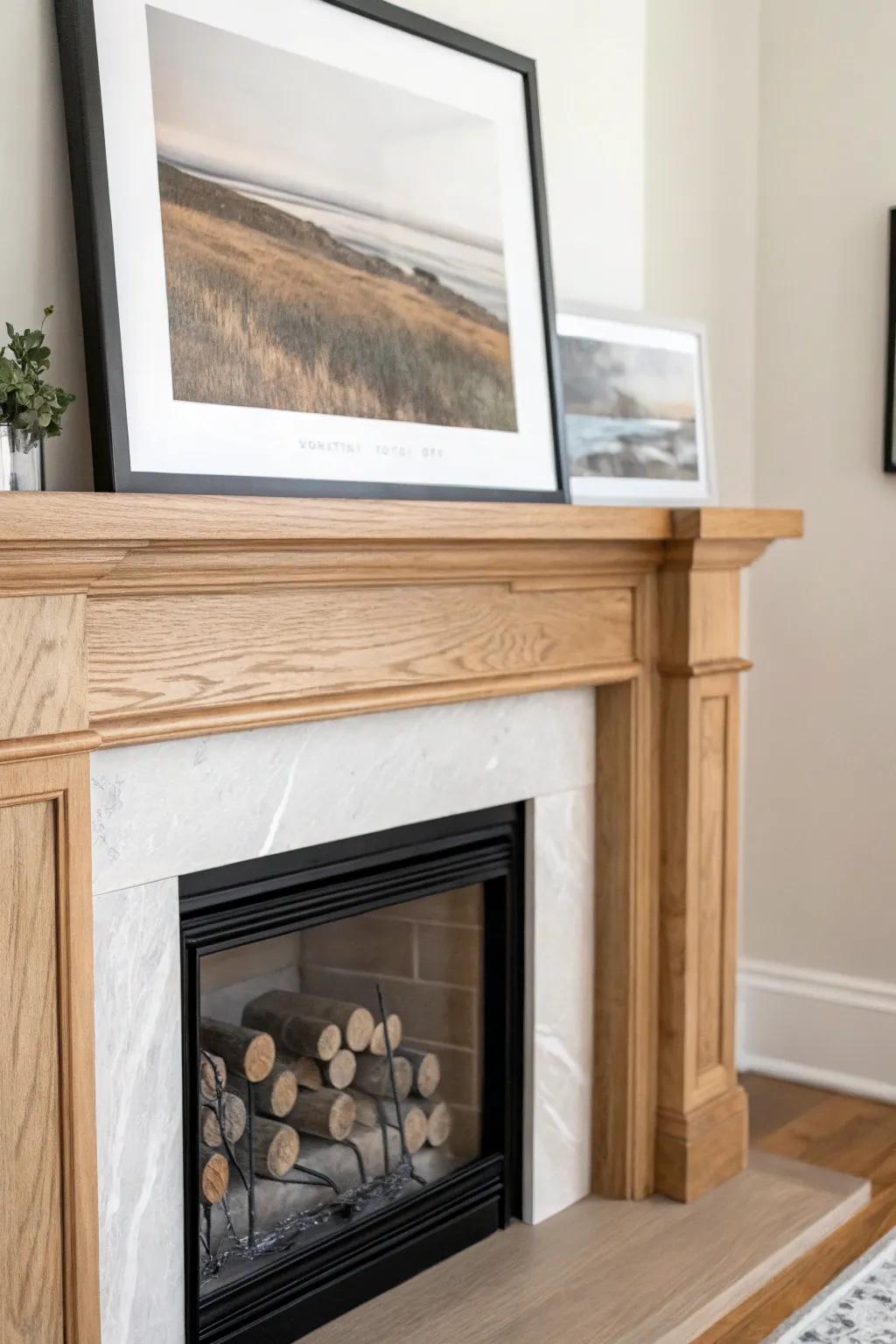Leaned, layered frames on a warm wood mantel—an effortless, collected fireplace moment.