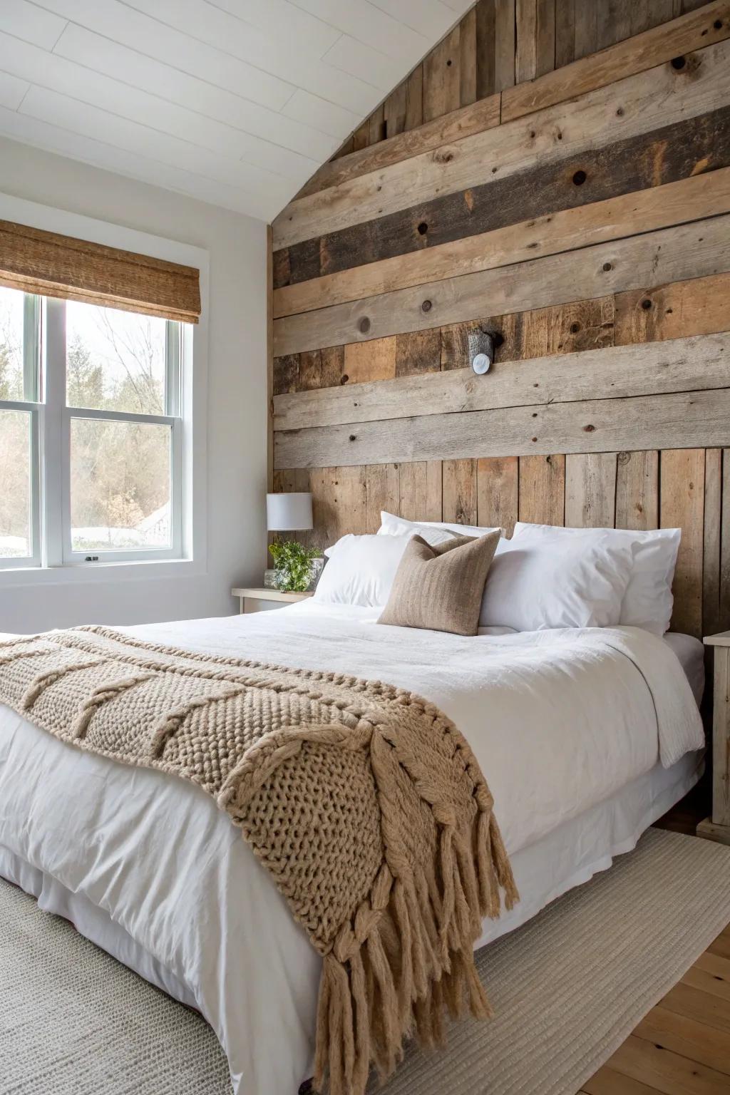 Mismatched salvaged planks behind the bed add instant warmth and rustic charm—simply styled.