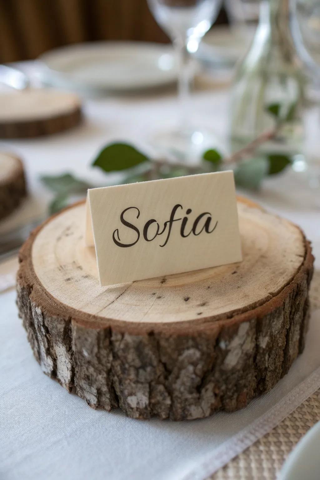 Simple wood slice place card holder with natural bark edge—minimal, warm, and handmade.