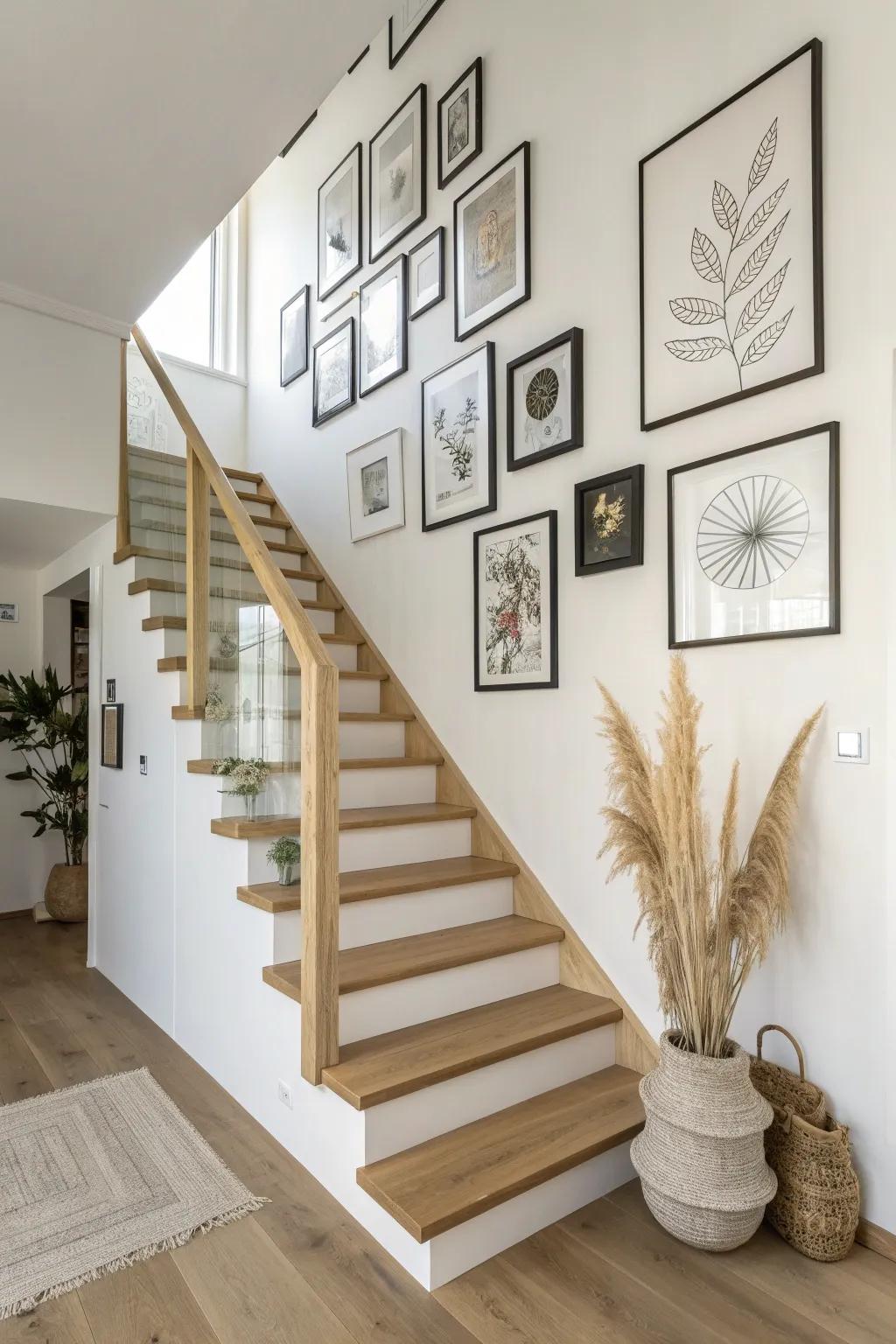 A staircase gallery wall that climbs with you—mismatched frames, warm oak, clean contrast.