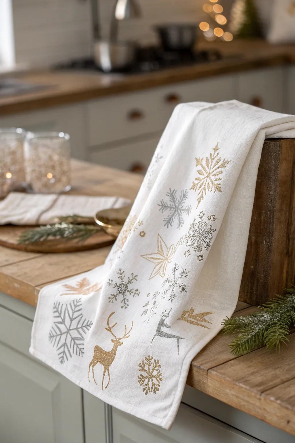 Add a touch of festive elegance to your kitchen with minimalist holiday-themed towels.
