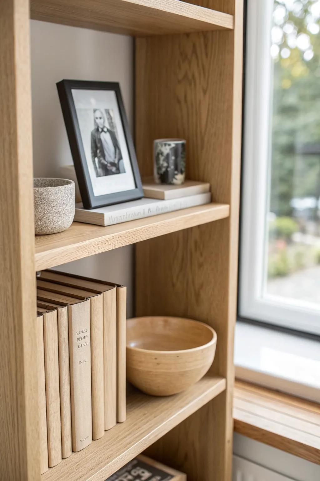 Rule of three: books, a bowl, and one personal photo—simple cubby styling that always works.