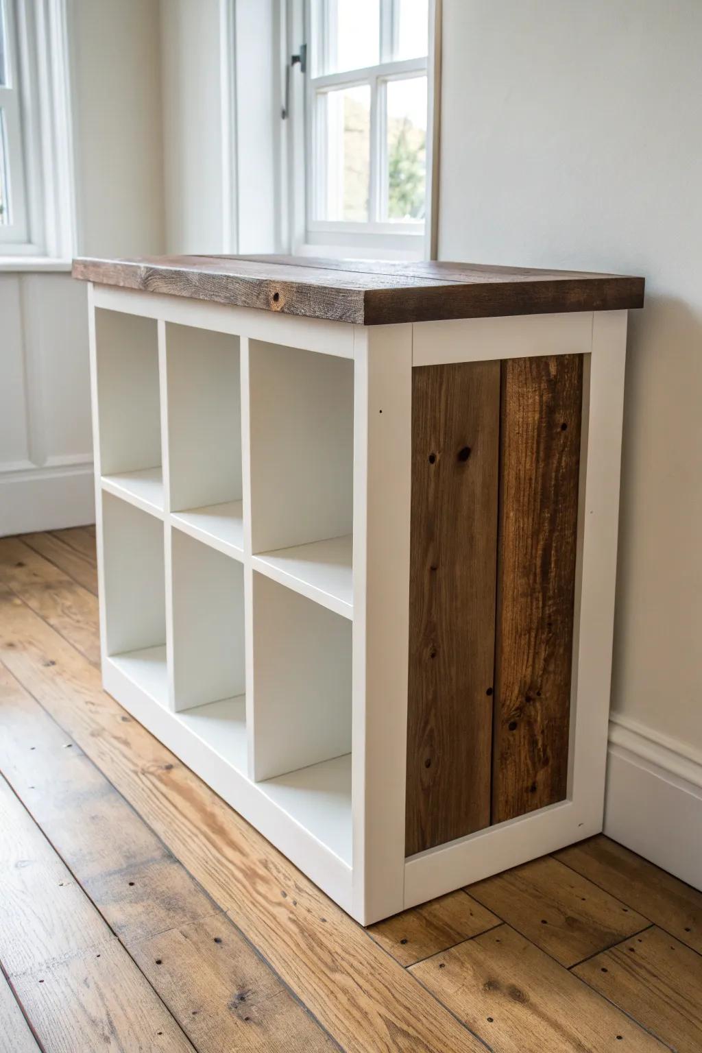 Make basic cube shelves feel like furniture with a chunky reclaimed wood top—simple, sturdy, chic.