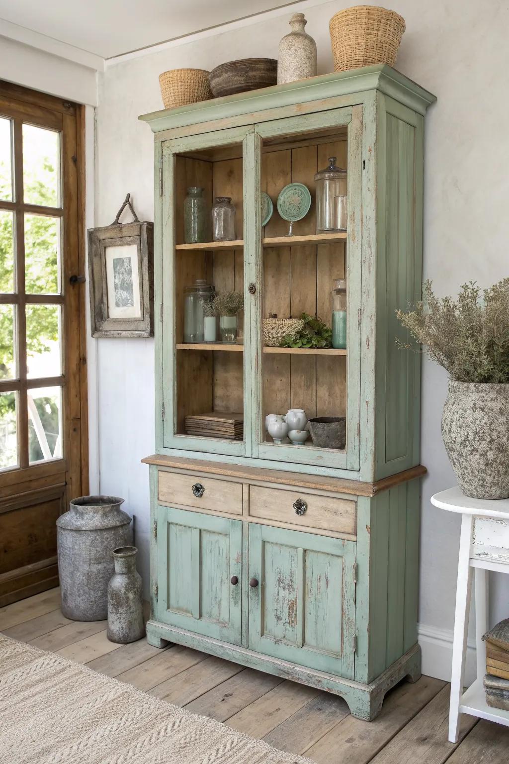 Thrifted hutch, fresh painted interior—an easy curiosity cabinet with cozy old-world charm.