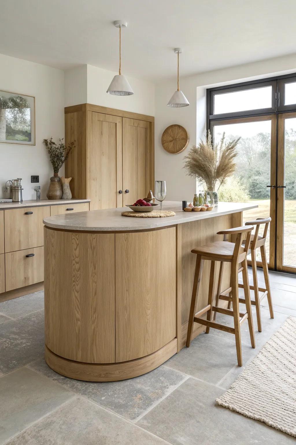 A crescent oak island invites easy conversation—no corners, just cozy gathering.