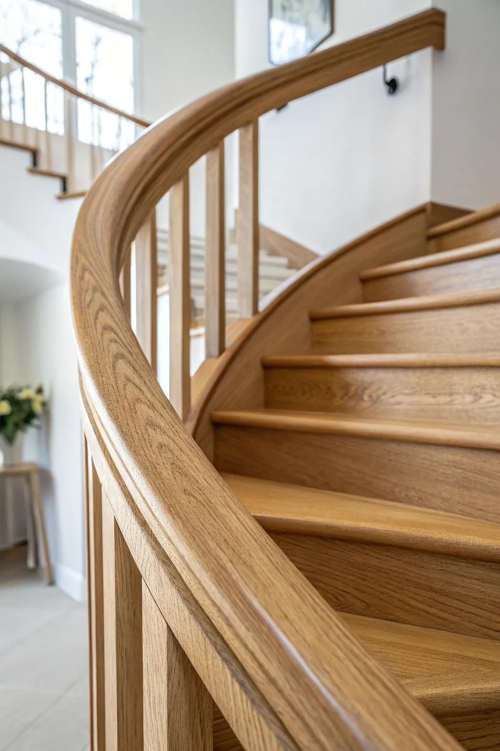 A ribbon-smooth curved handrail in laminated oak—minimalist, warm, and impeccably crafted.