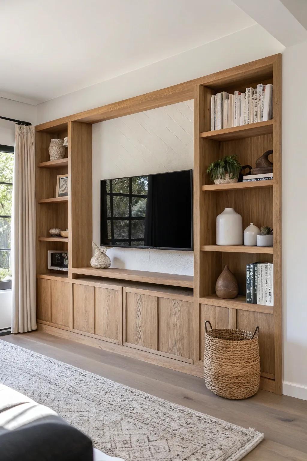 Built-in oak shelves that frame the TV—clean lines, oversized cubbies, and warm contrast.
